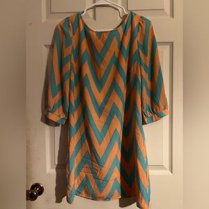 Pink Owl Dress, size medium, peach and light turquoise, chevron print